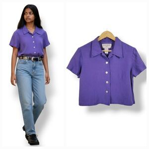 Vintage 80s Jessica Howard Linen Blend Button Down Top in Purple Size 8P